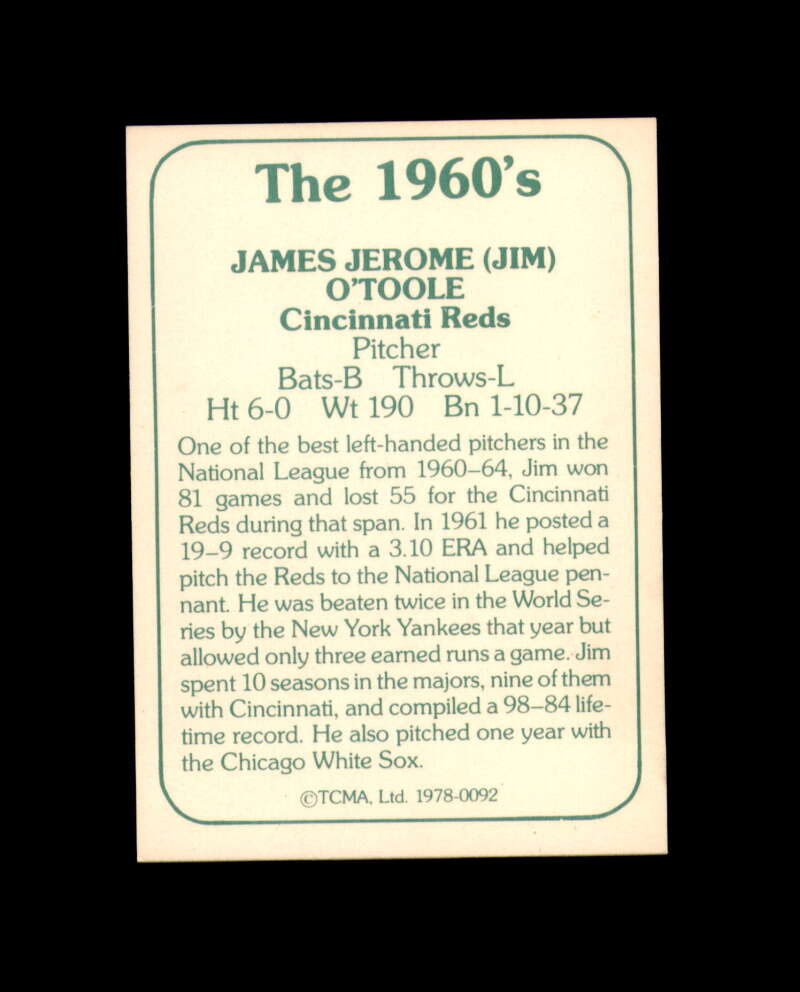 Jim O'Toole Signed 1978 TCMA The 1960s Cincinnati Reds Autograph