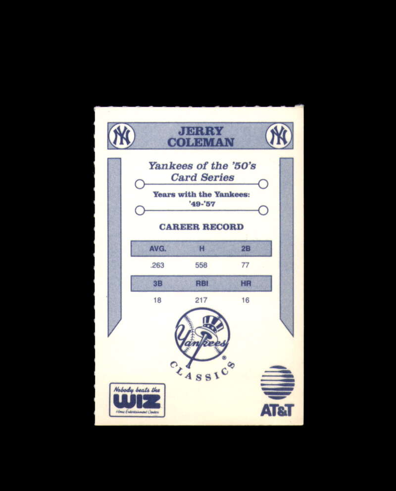 Jerry Coleman Signed 1992 Wiz Yankees of The 50's New York Yankees Autograph