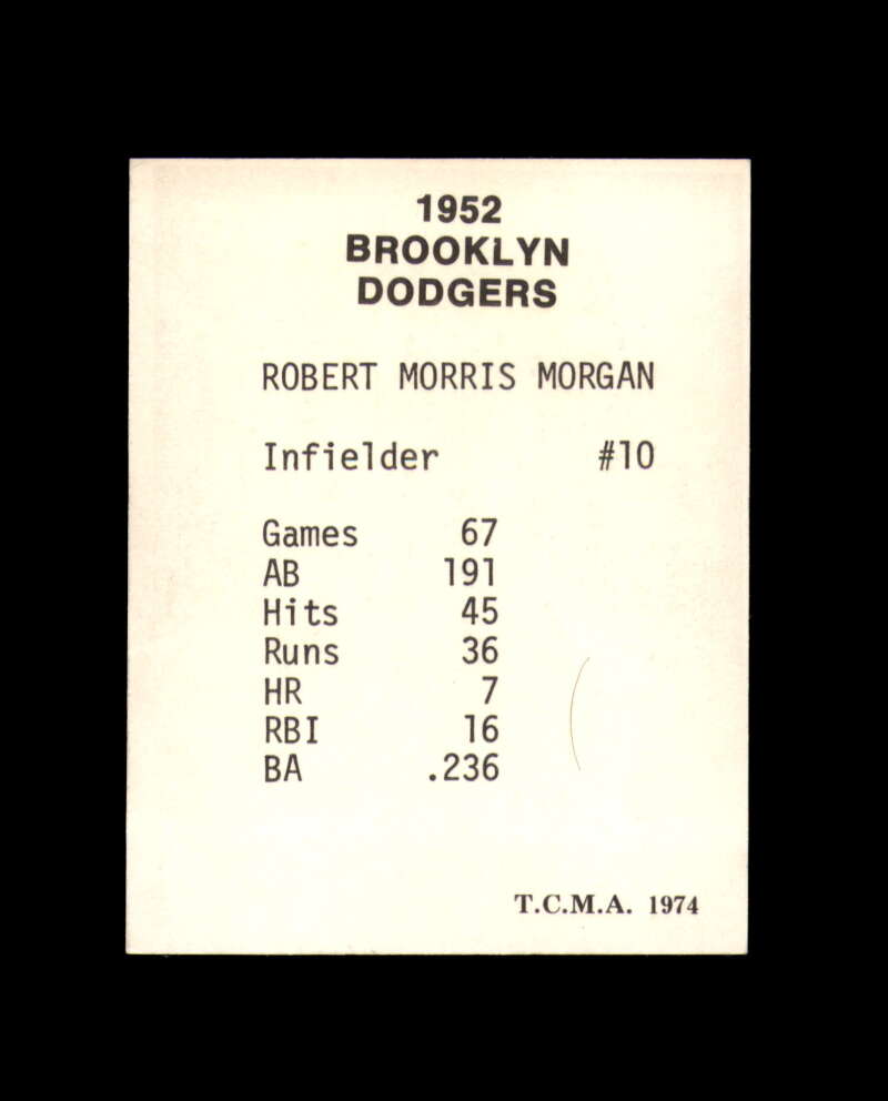 Bobby Morgan Signed 1974 TCMA 1952 Dodgers Brooklyn Dodgers Autograph