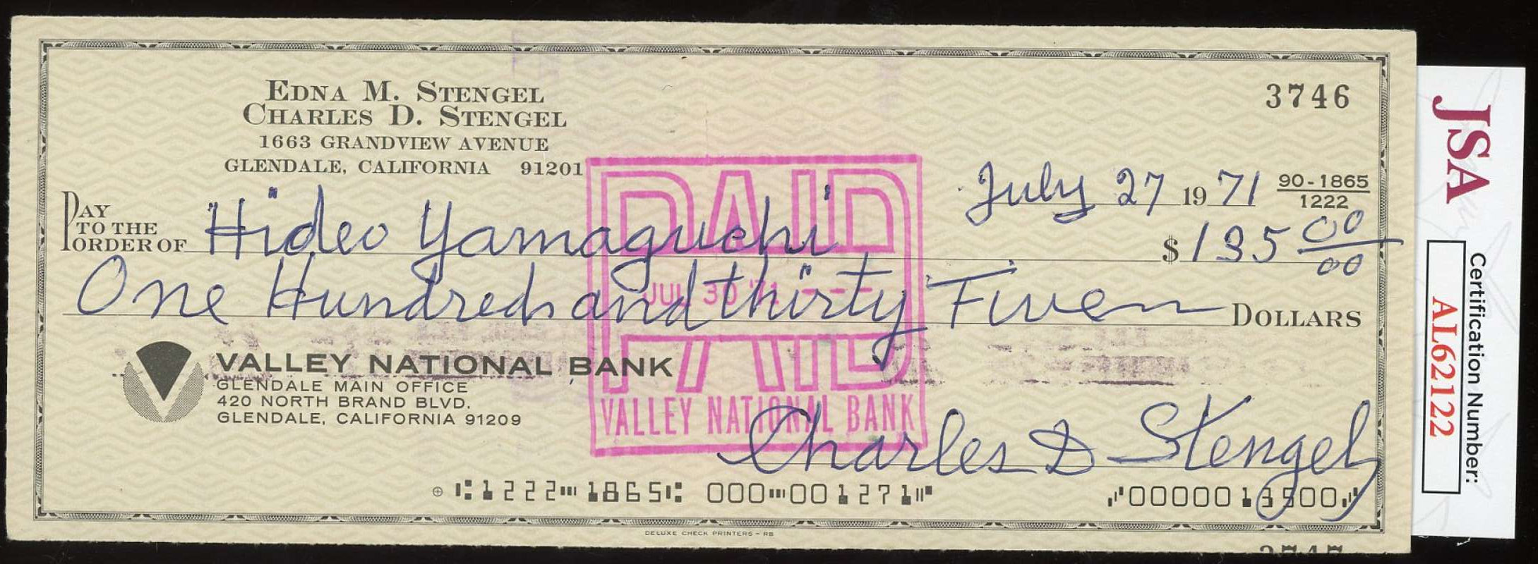 Casey Stengel JSA Coa Signed 1971 Check Autograph