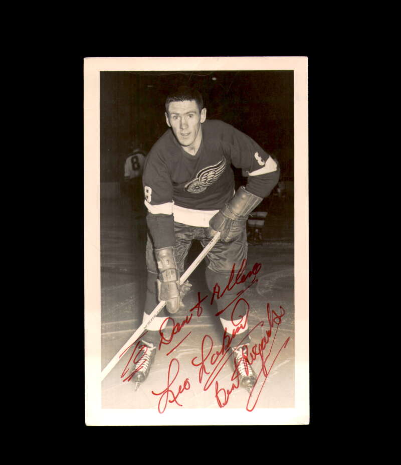 Leo Labine Signed Vintage Postcard 1950`s 60`s Detroit Red Wings Autograph