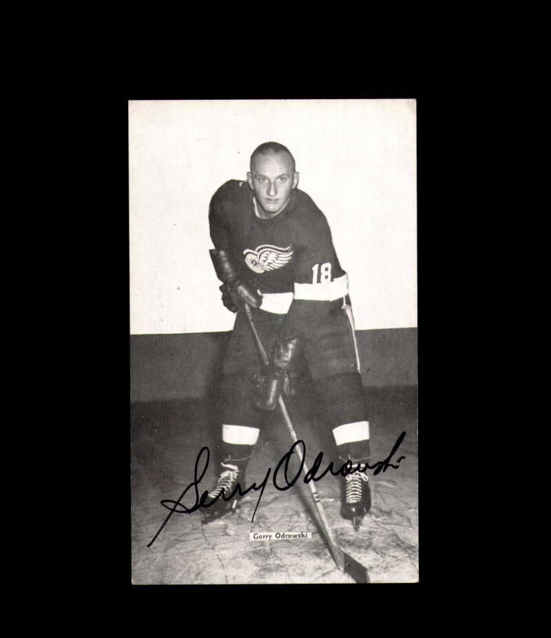 Gerry Odrowski Signed JD McCarthy Vintage Postcard 1950`s 60`s Detroit Red Wings Autograph