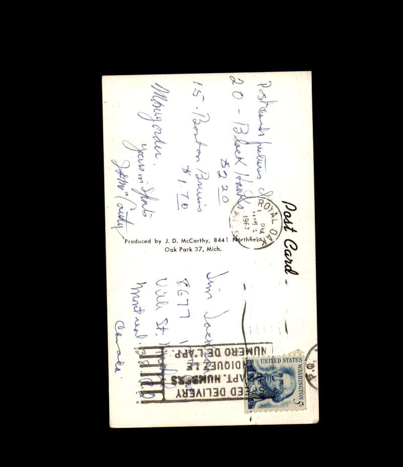 John MacMillan Signed 1967 JD McCarthy Vintage Postcard 1950`s 60`s Detroit Red Wings Autograph