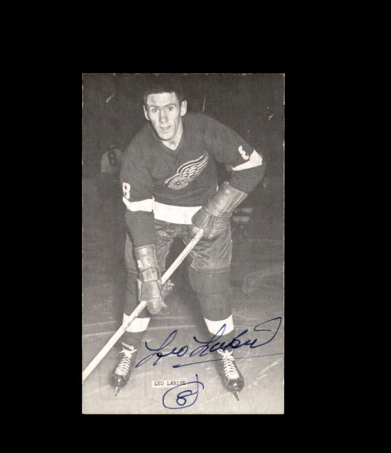 Leo Labine Signed JD McCarthy Vintage Postcard 1950`s 60`s Detroit Red Wings Autograph