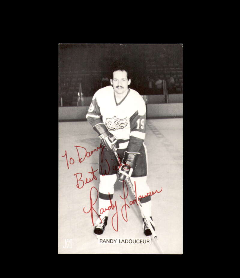 Randy Ladouceur Signed JD McCarthy Vintage Postcard 1950`s 60`s Detroit Red Wings Autograph