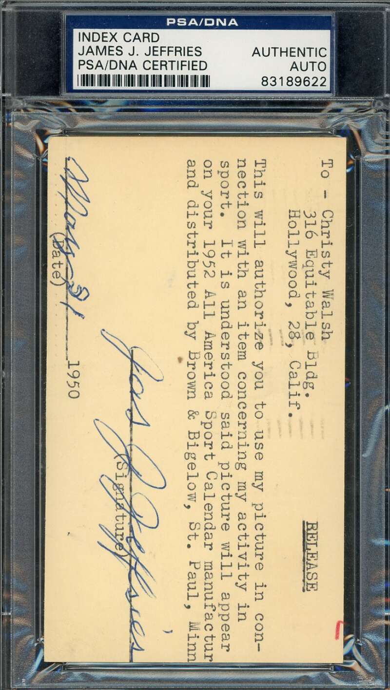 James J Jeffries PSA DNA Coa Signed 1950 Vintage Postcard Autograph