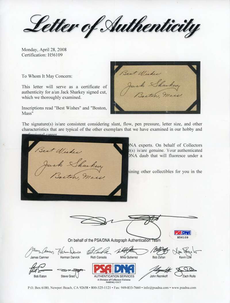 Jack Sharkey PSA DNA Coa Signed Vintage Cut Autograph