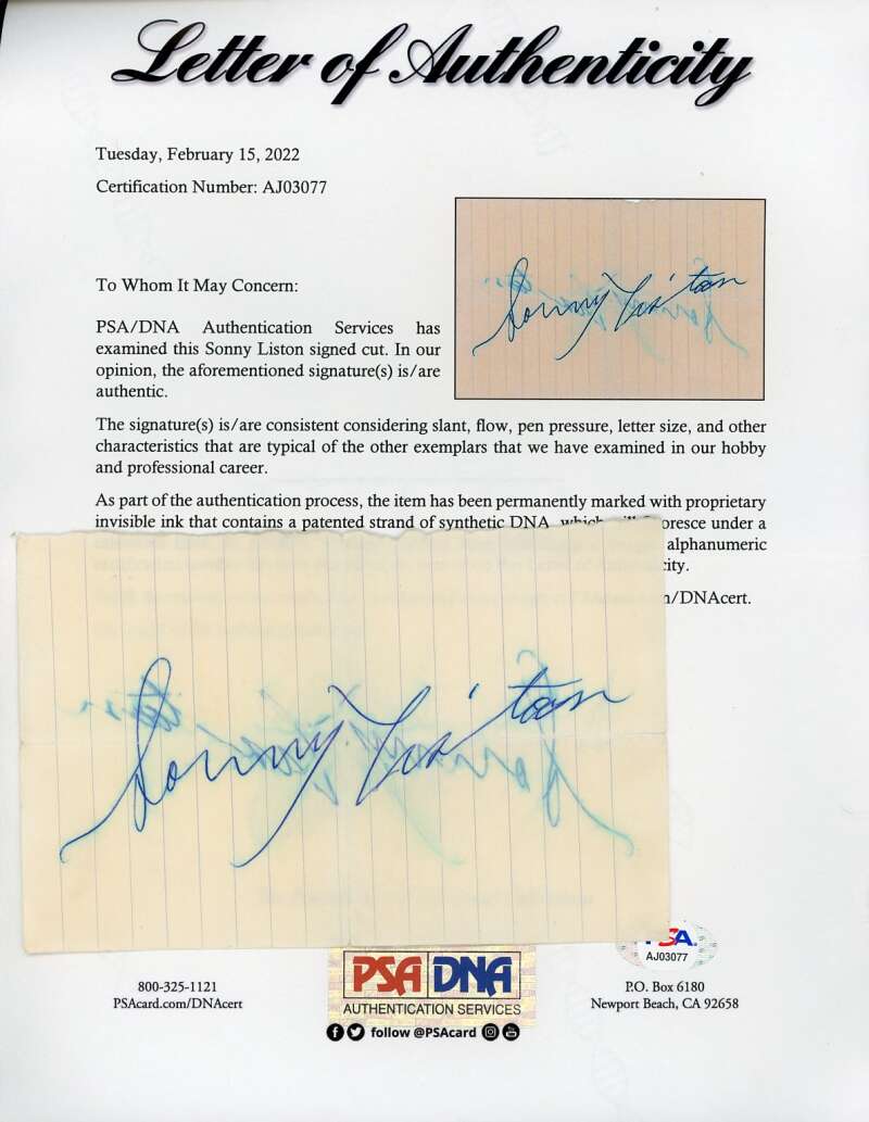 Sonny Liston PSA DNA Coa Signed Vintage Cut Autograph