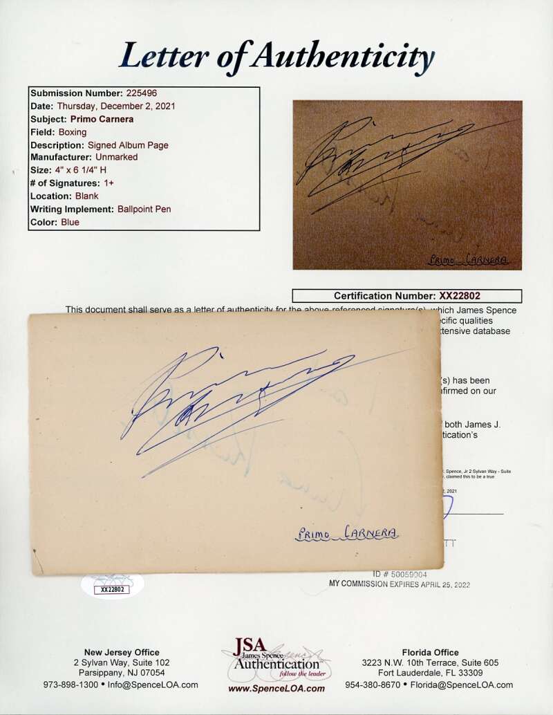 Primo Carnera JSA Coa Signed Vintage Album Page Autograph