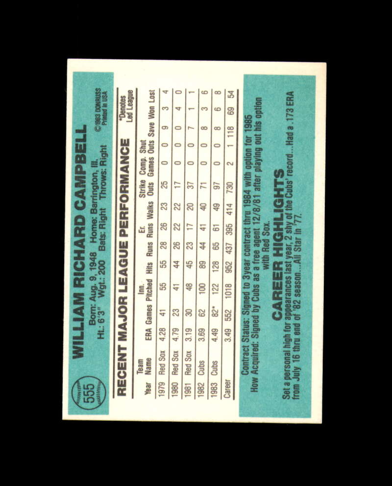 Bill Campbell Signed 1984 Donruss Chicago Cubs Autograph