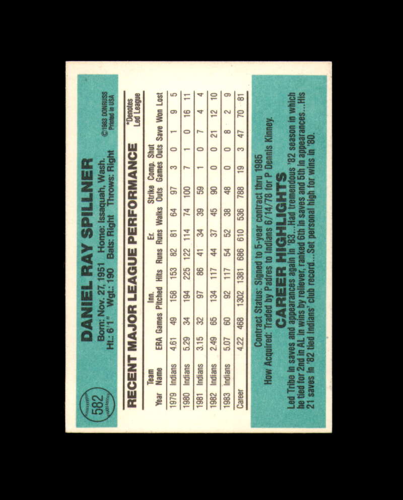 Dan Spillner Signed 1984 Donruss Cleveland Autograph