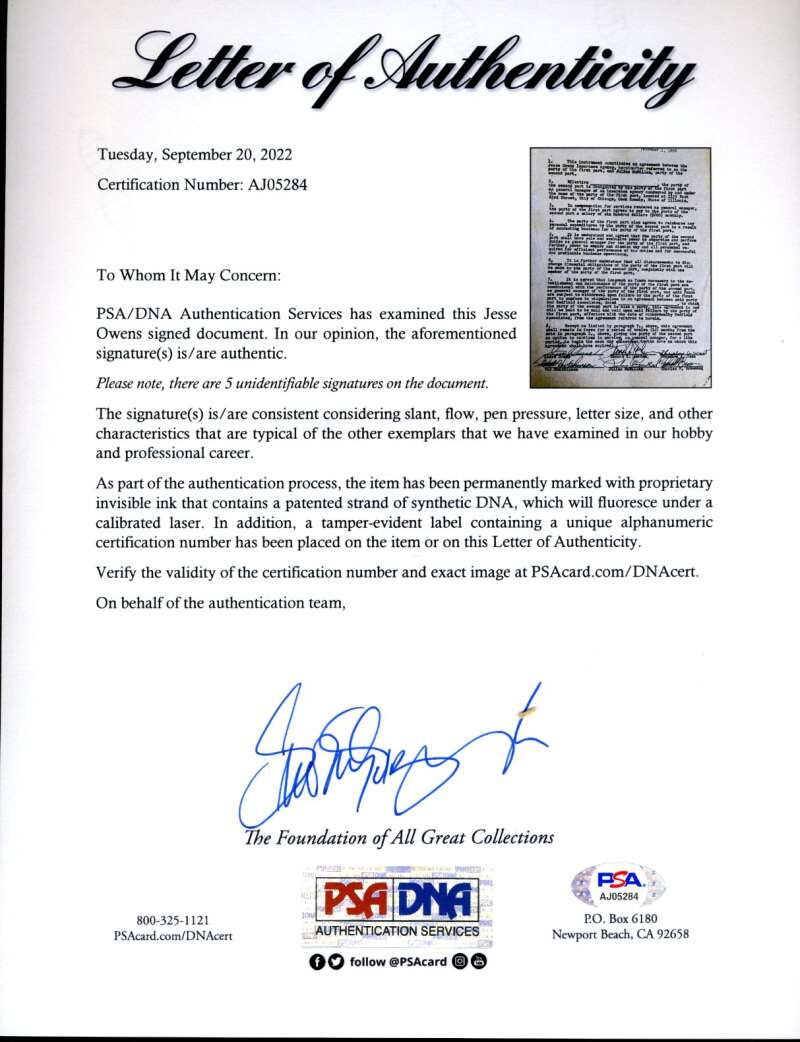 Jesse Owens PSA DNA Signed 1953 Document Autograph