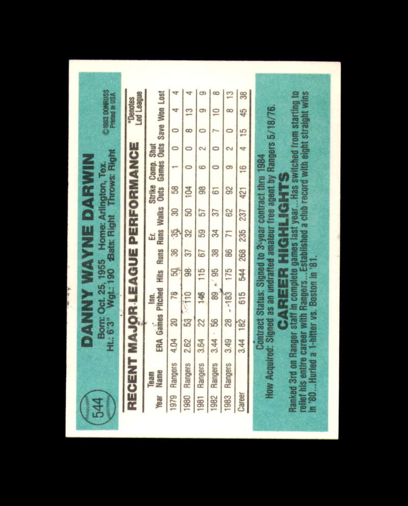 Danny Darwin Signed 1984 Donruss Texas Rangers Autograph