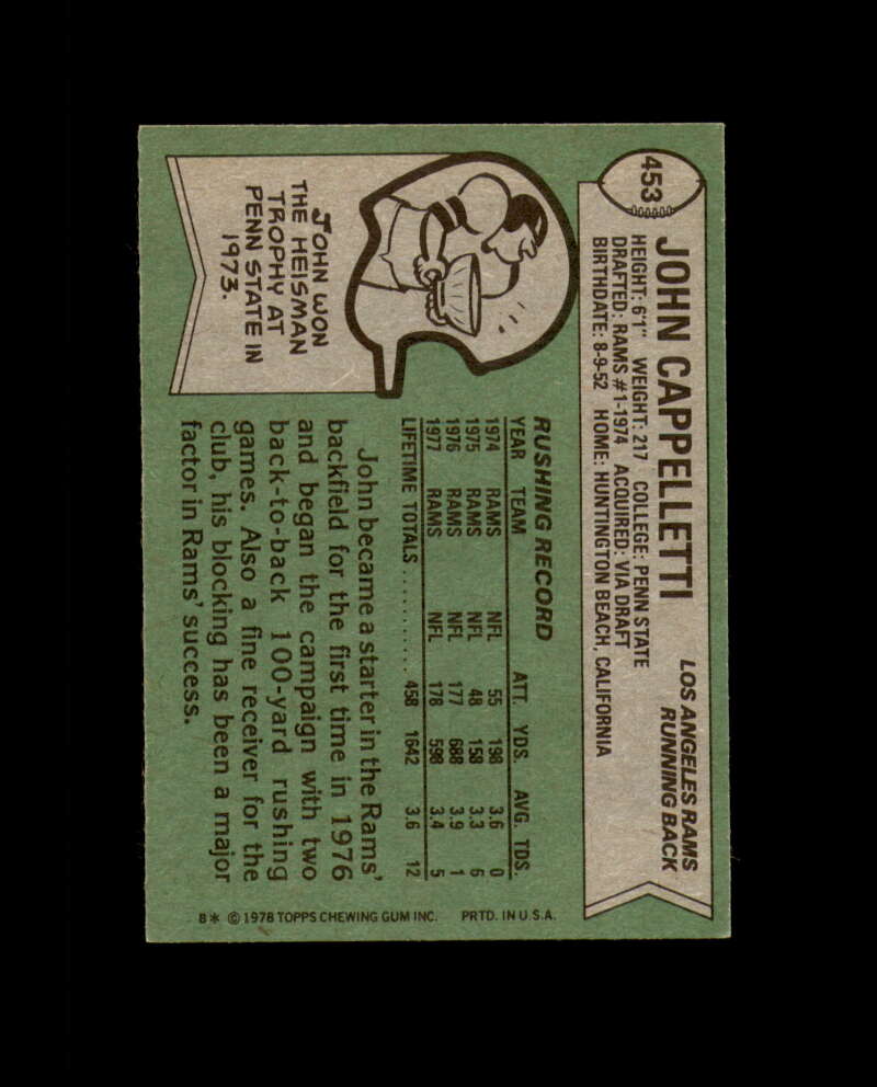 John Cappelletti Signed 1978 Topps Los Angeles Rams Autograph