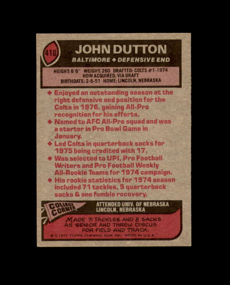 John Dutton Signed 1977 Topps Baltimore Colts Autograph
