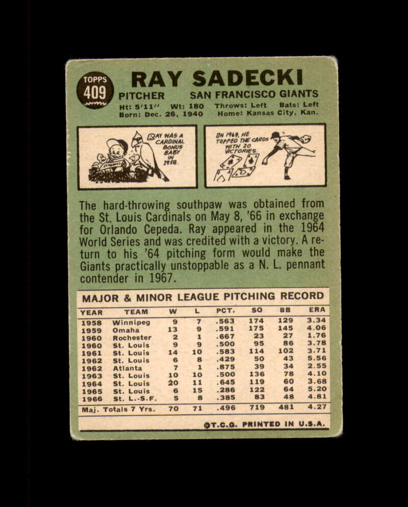 Ray Sadecki Signed 1967 Topps San Francisco Giants Autograph