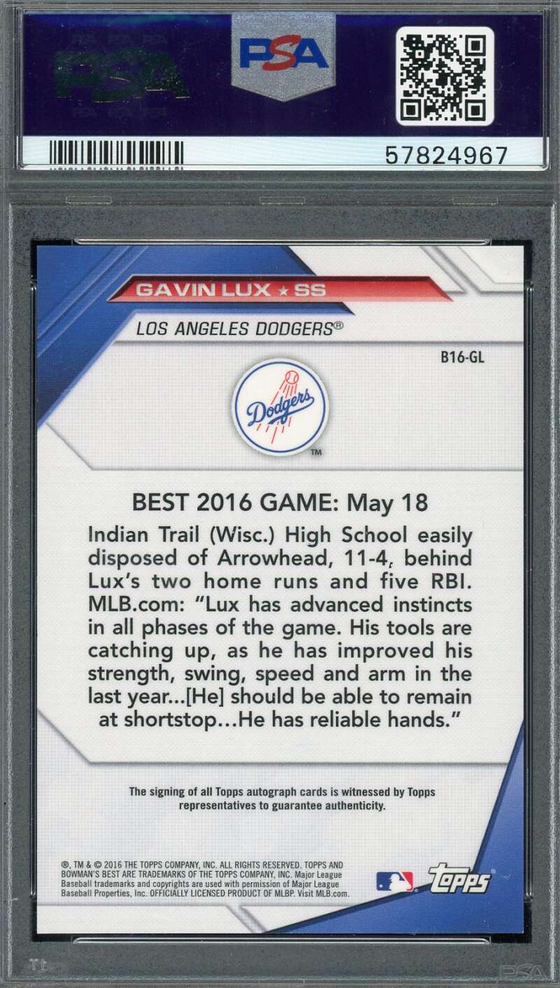 Gavin Lux Mint 9 PSA Signed 2016 Bowman's Best
