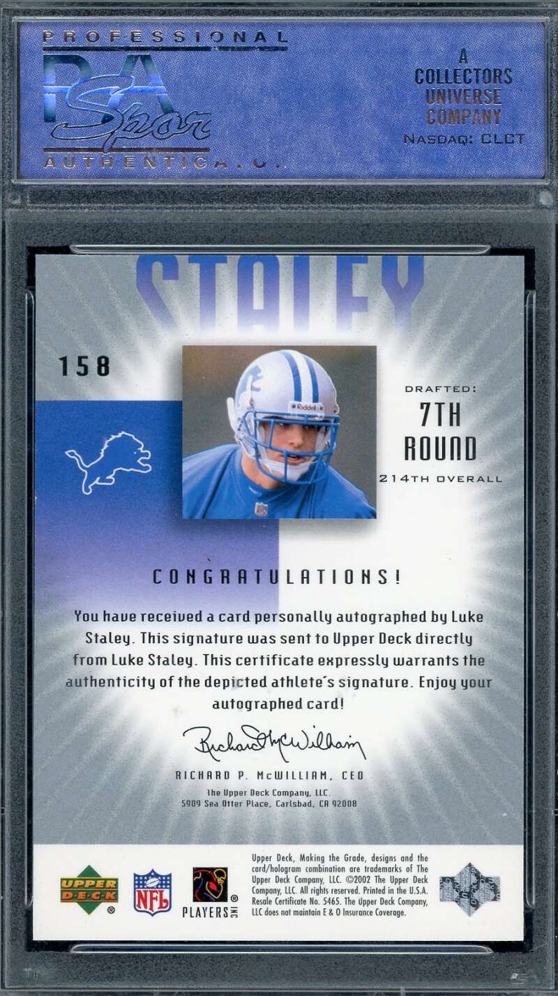 Luke Staley Gem Mint 10 PSA Signed 2002 Upper Deck Graded 219/550