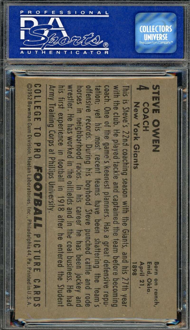 Steve Owen NM 7 PSA Grade 1952 Bowman Large Rookie