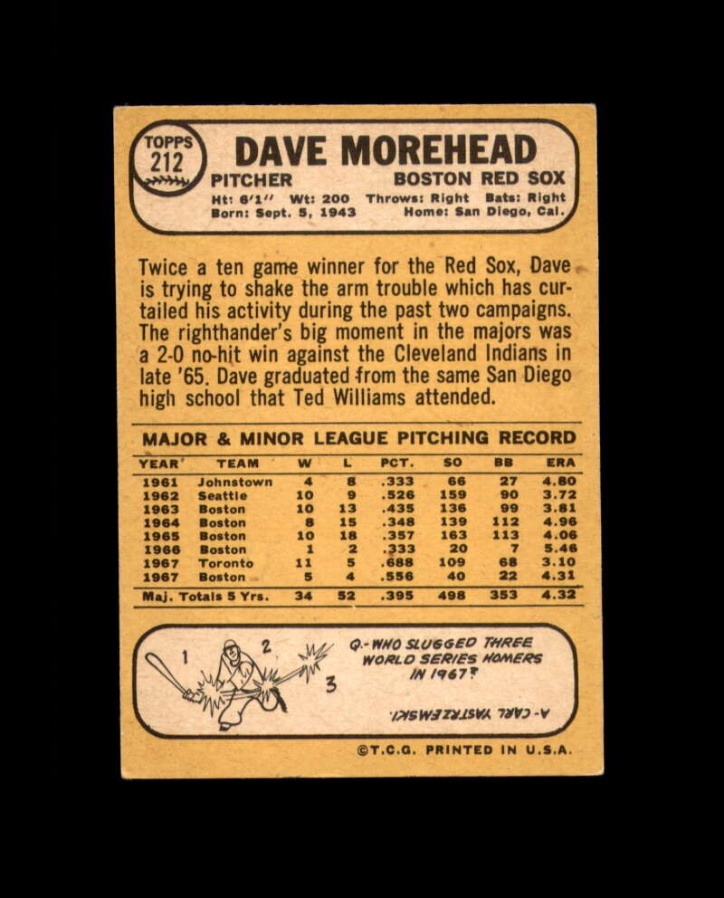 Dave Morehead Signed 1968 Topps Boston Red Sox Autograph