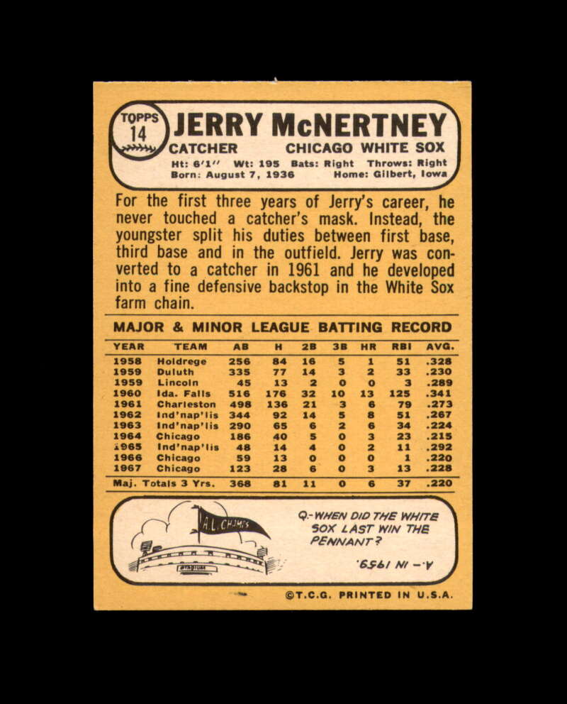 Jerry McNertney Signed 1968 Topps Chicago White Sox Autographed