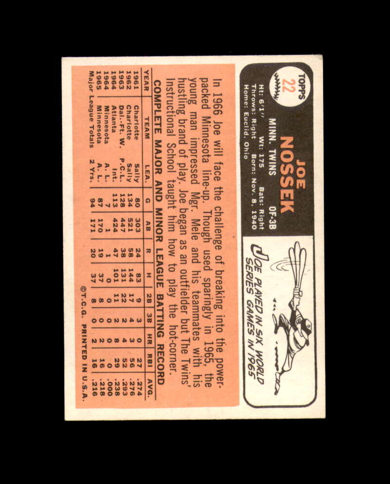 Joe Nossek Signed 1966 Topps Minnesota Twins Autographed