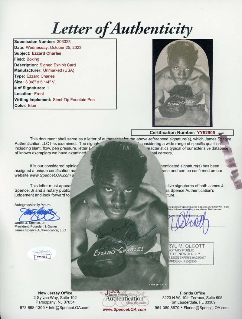 Ezzard Charles JSA Cert Signed Exhibit Card Cut Autograph