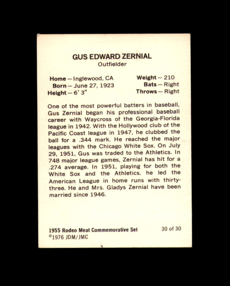 Gus Zernial Signed 1955 Rodeo Meat 1976 Reprint Philadelphia Athletics Autograph