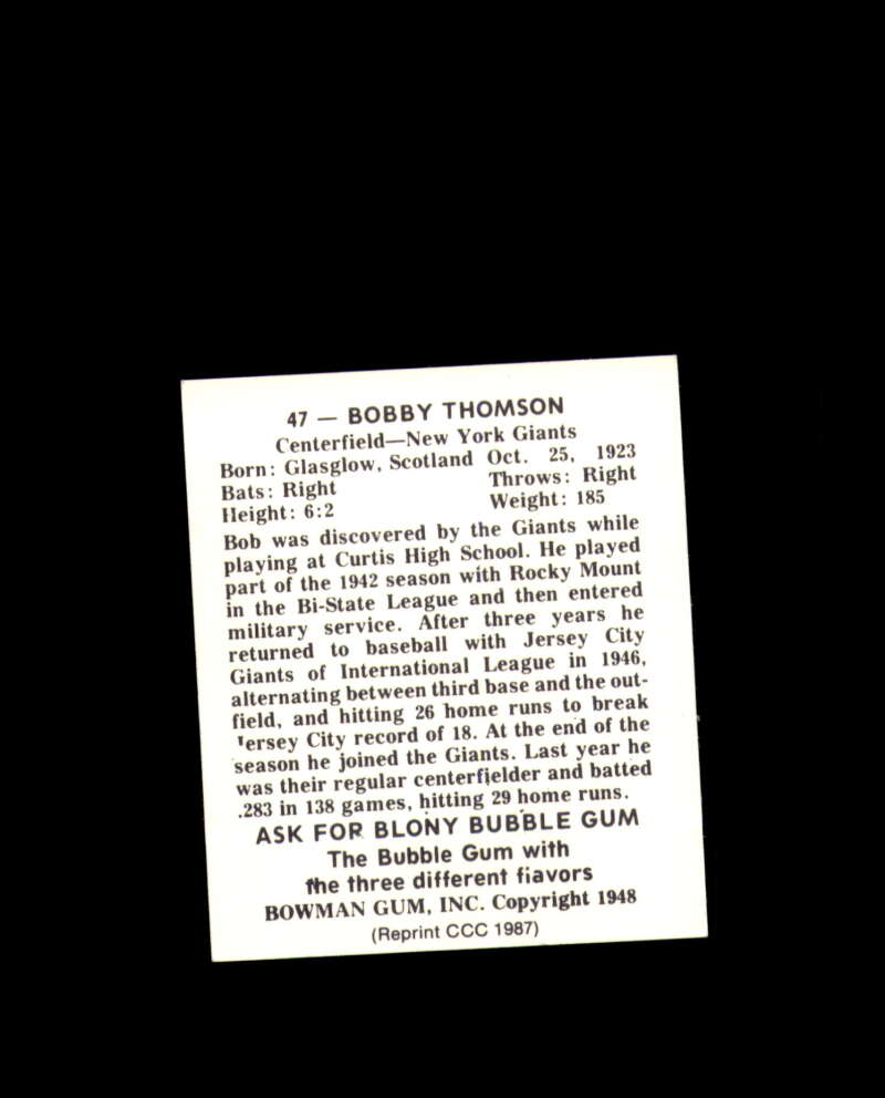 Bobby Thomson Signed 1948 Bowman 1987 Reprint New York Giants Autograph