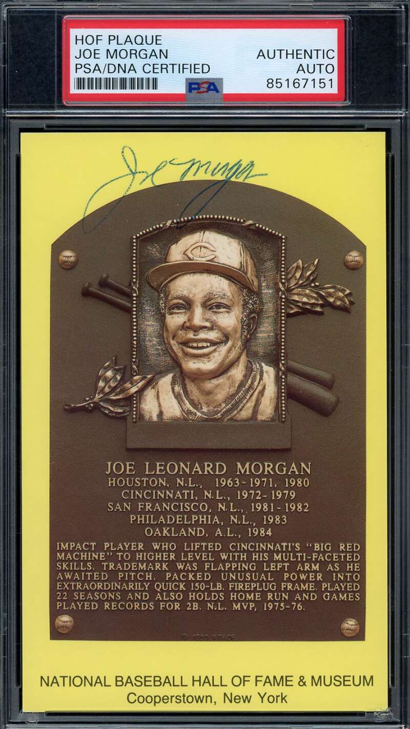 Joe Morgan PSA DNA Coa Signed Gold HoF Plaque Postcard Autograph