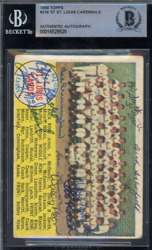1958 Topps Cardinals Beckett BAS Signed By 9 Team Card Autograph