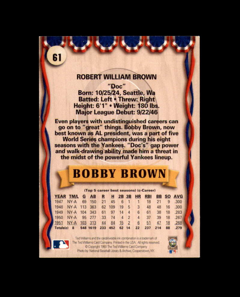 Bobby Brown Signed 1993 Ted Williams New York Yankees Autograph