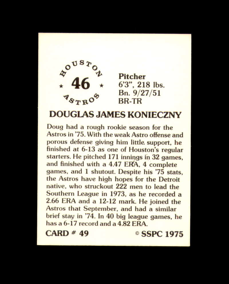 Doug Konieczny Signed 1975 SSPC Houston Astros Autograph