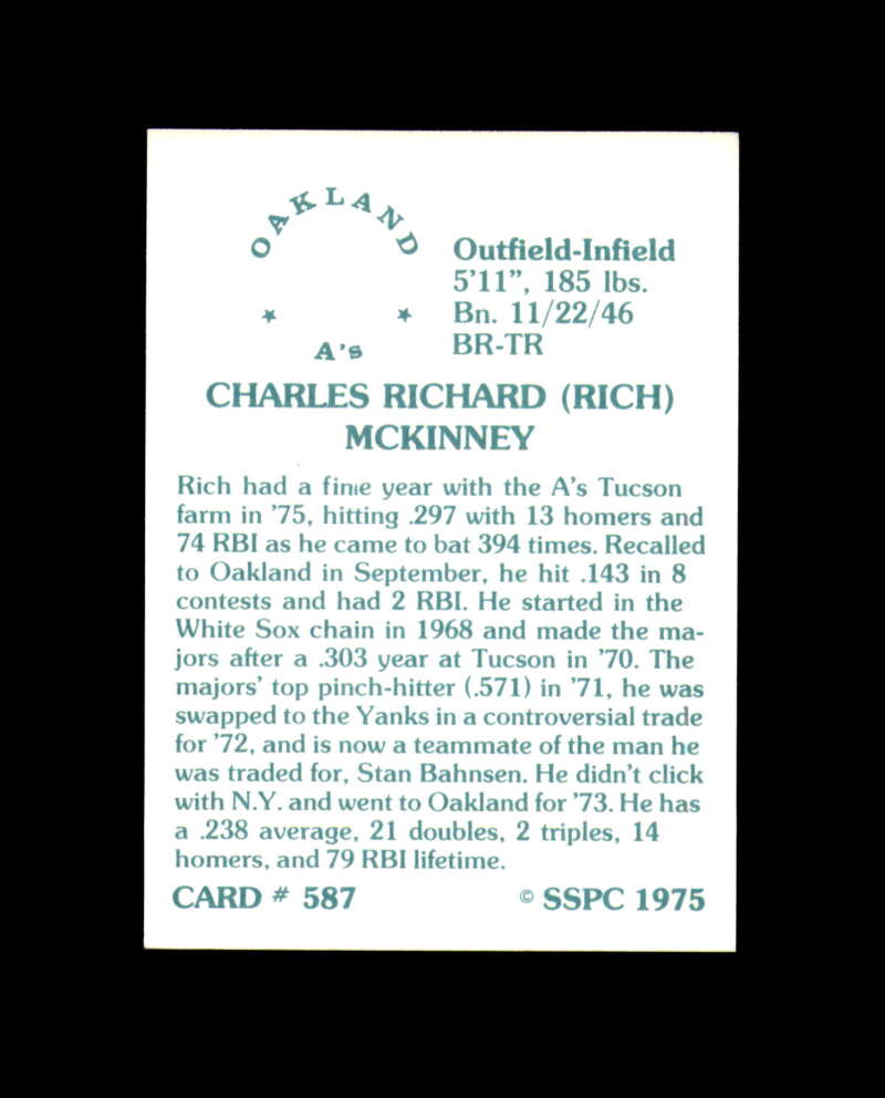 Rich McKinney Signed 1975 SSPC Oakland Athletics Autograph