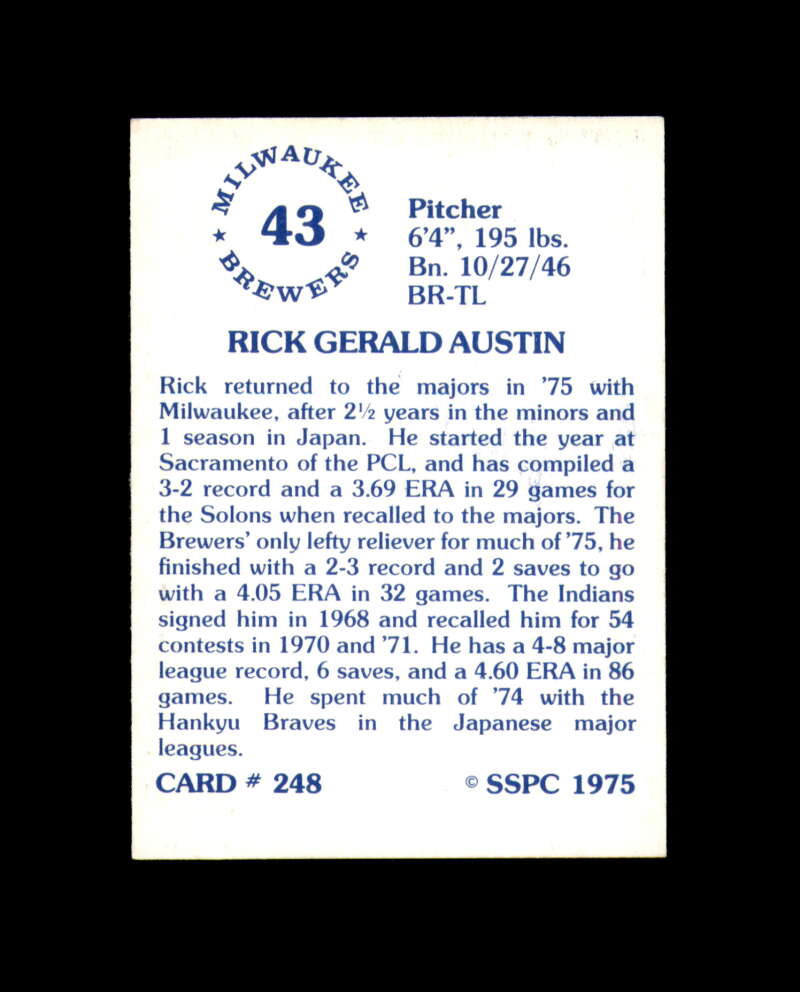Rick Austin Signed 1975 SSPC Milwaukee Autograph