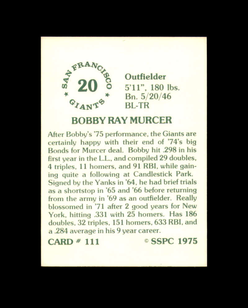 Bobby Murcer Signed 1975 SSPC San Francisco Giants Autograph