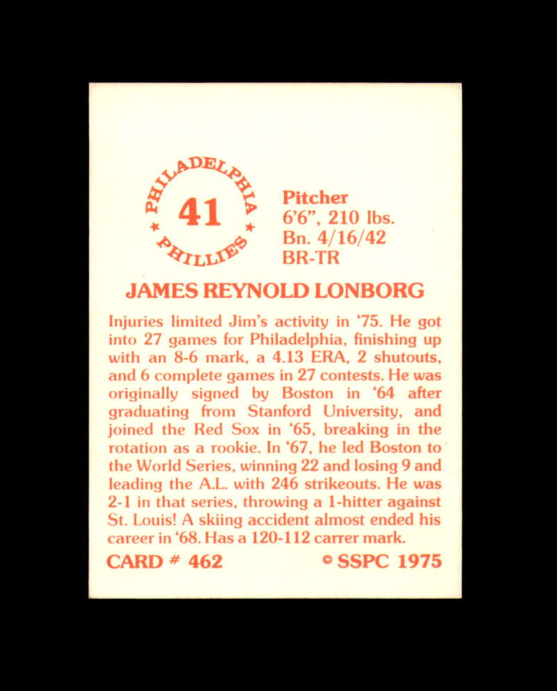 Jim Lonborg Signed 1975 SSPC Philadelphia Phillies Autograph