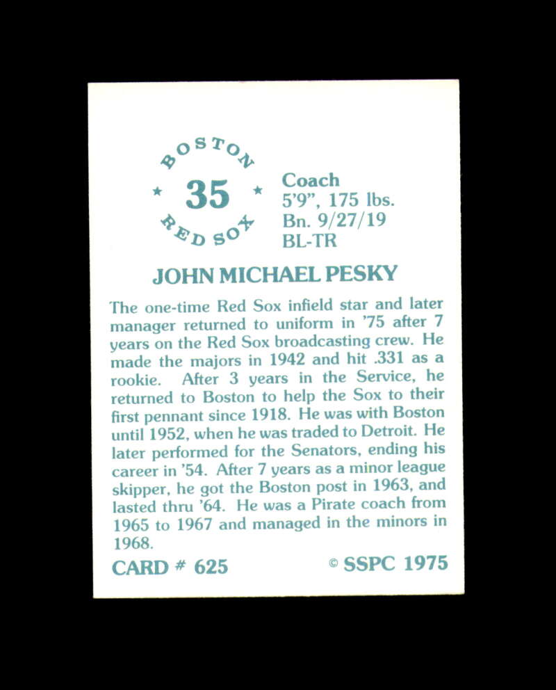 John Pesky Signed 1975 SSPC Boston Red Sox Autograph