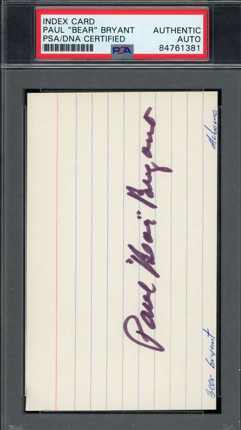 Paul Bear Bryant PSA DNA Coa Signed 3x5 Index Card Alabama Autograph