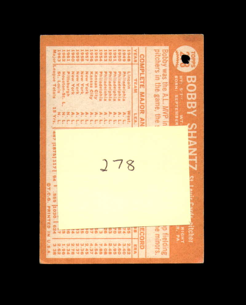 Bobby Shantz Signed 1964 Topps St. Louis Cardinals Autograph