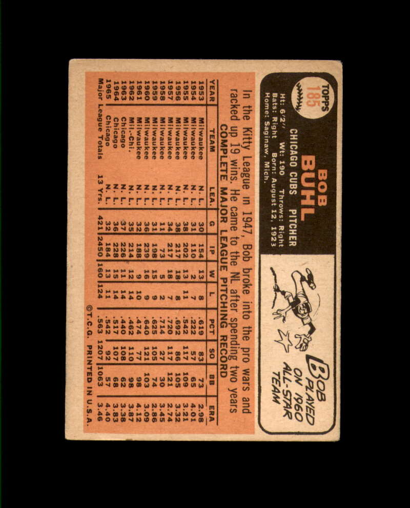 Bob Buhl Signed Authentic 1966 Topps Chicago Cubs Autographed
