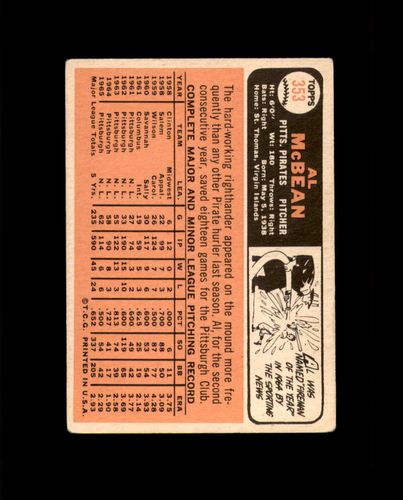 Al McBean Signed Authentic 1966 Topps Pittsburgh Pirates Autograph