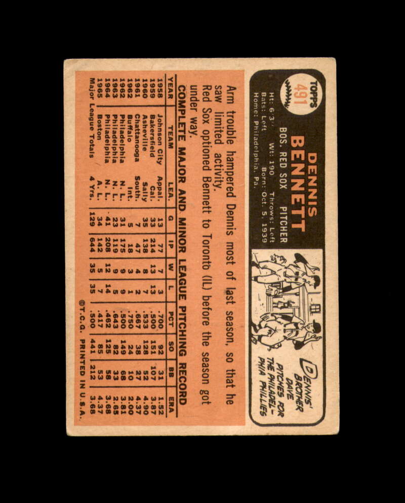 Dennis Bennett Signed Authentic 1966 Topps Boston Red Sox Autograph
