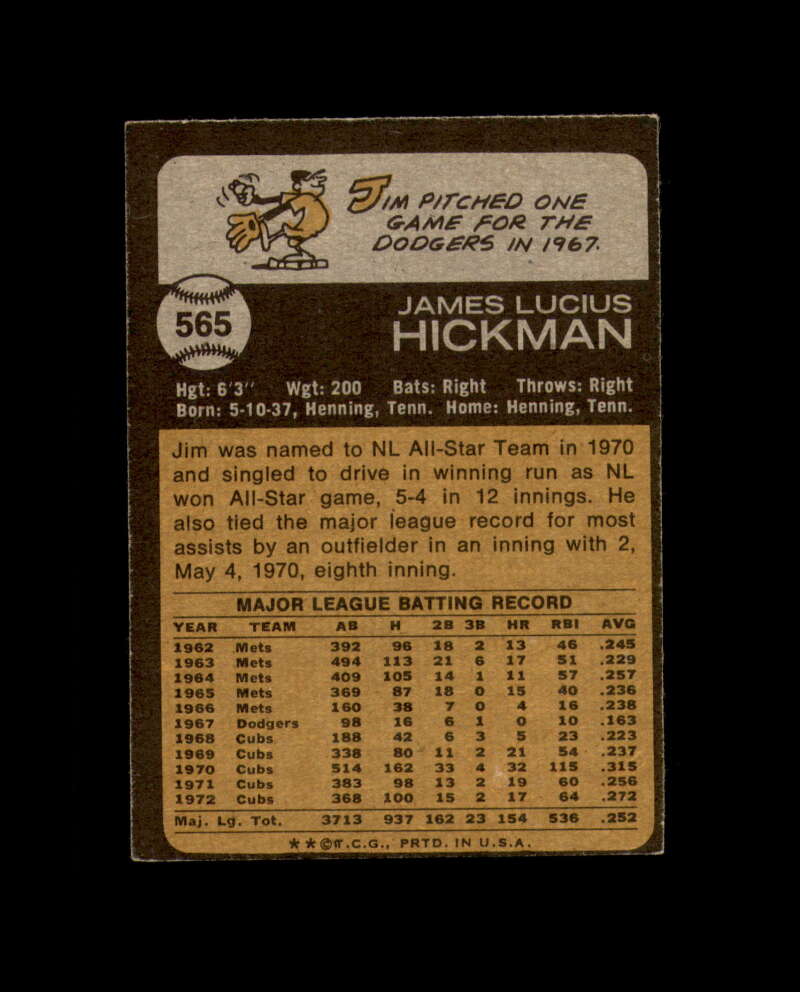 Jim Hickman Signed Authentic 1973 Topps Chicago Cubs Autograph