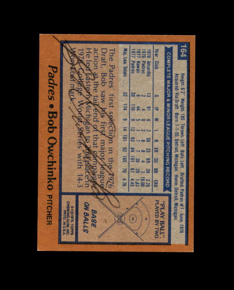 Bob Owchinko Signed Authentic 1978 Topps San Diego Padres Autograph
