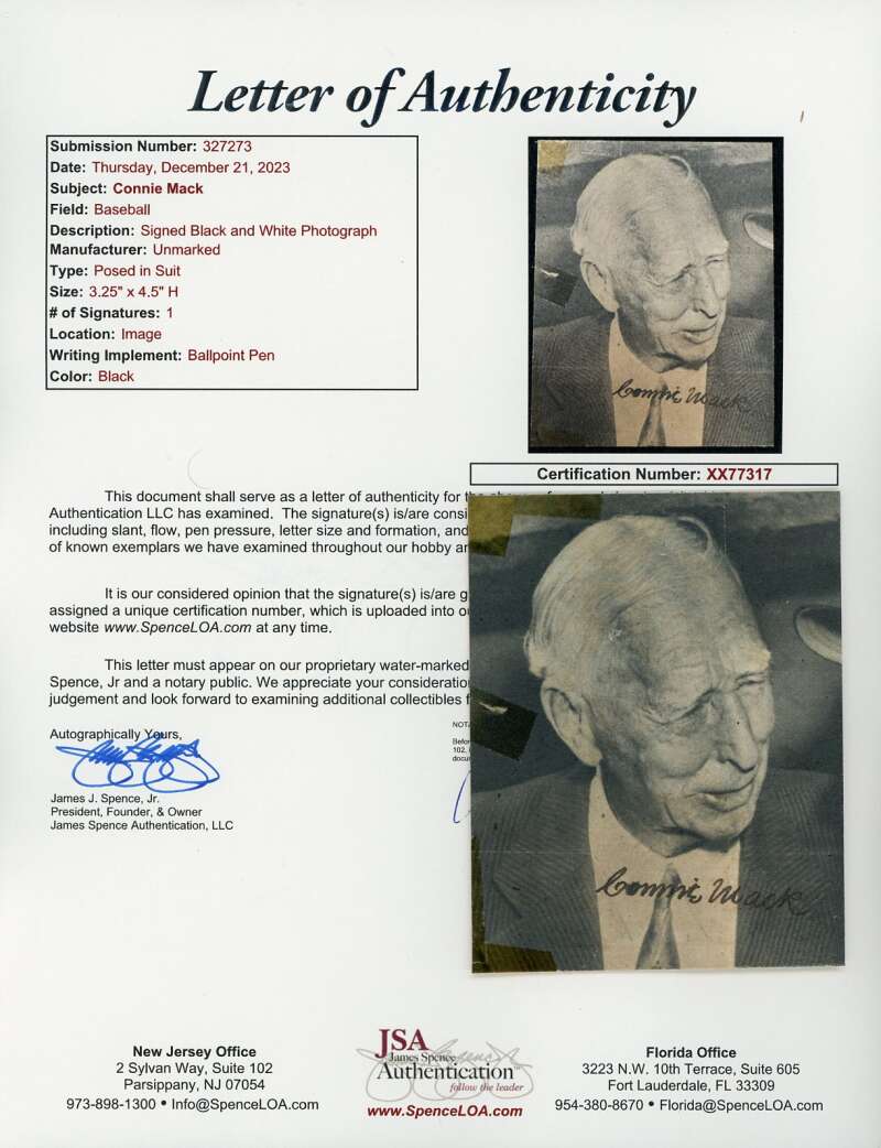 Connie Mack JSA Cert Signed  Vintage 4x3 Photo Autograph