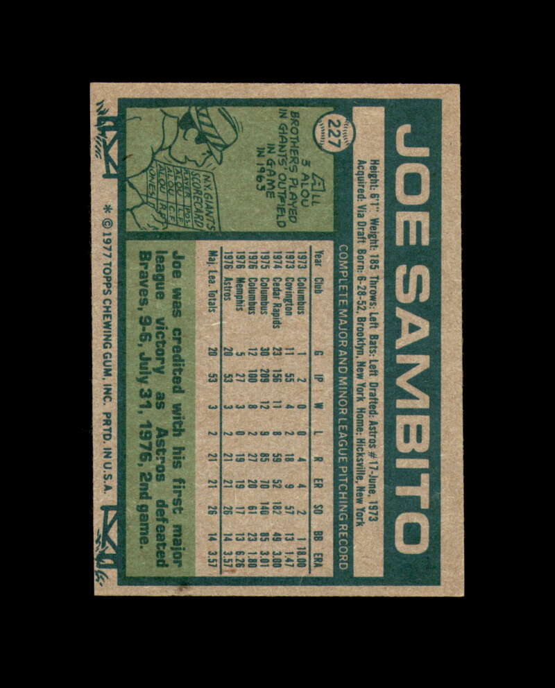 Joe Sambito Signed Original 1977 Topps Houston Astros Autograph