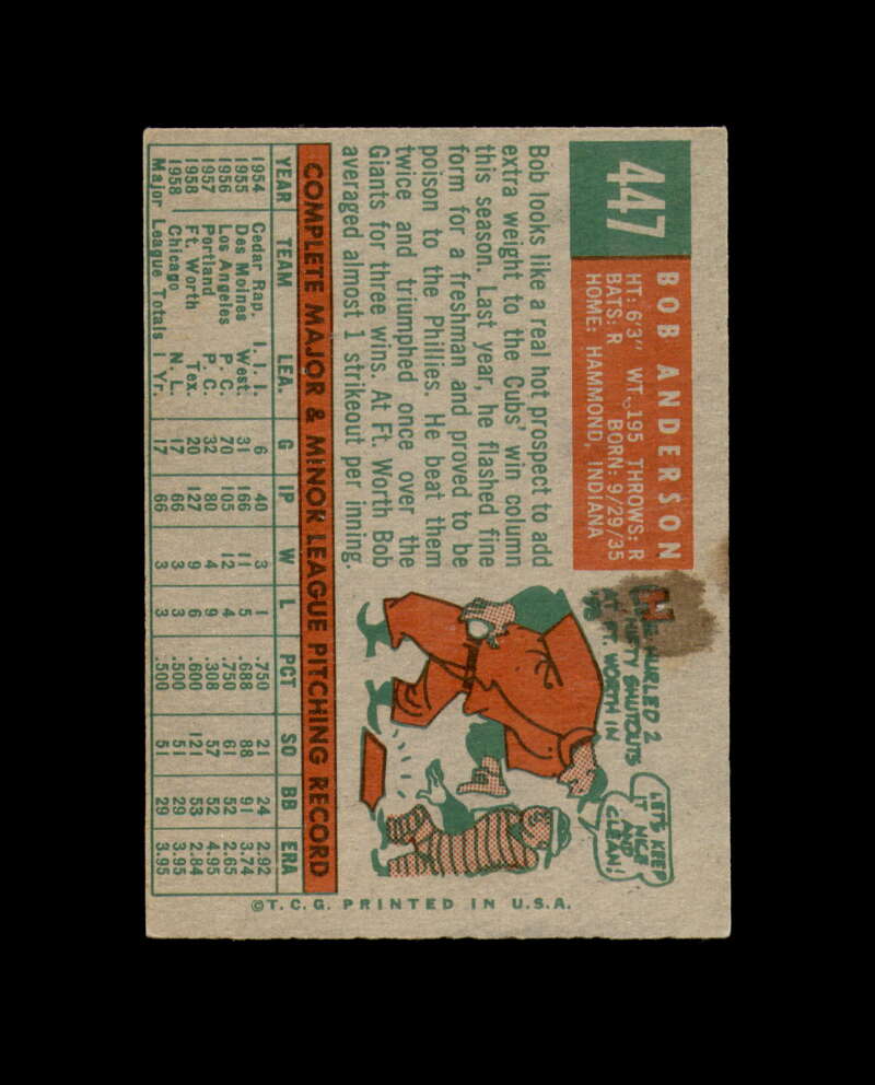 Bob Anderson Signed Original 1959 Topps Chicago Cubs Autograph