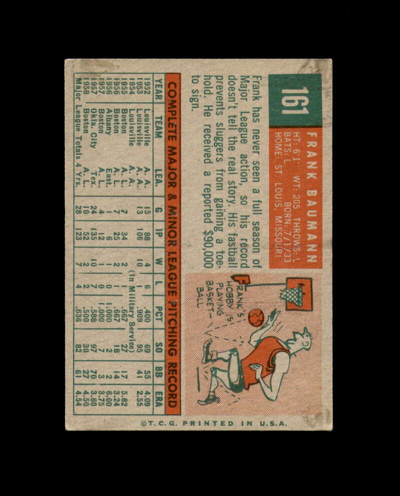 Frank Bauman Signed 1959 Topps Boston Red Sox Autographed