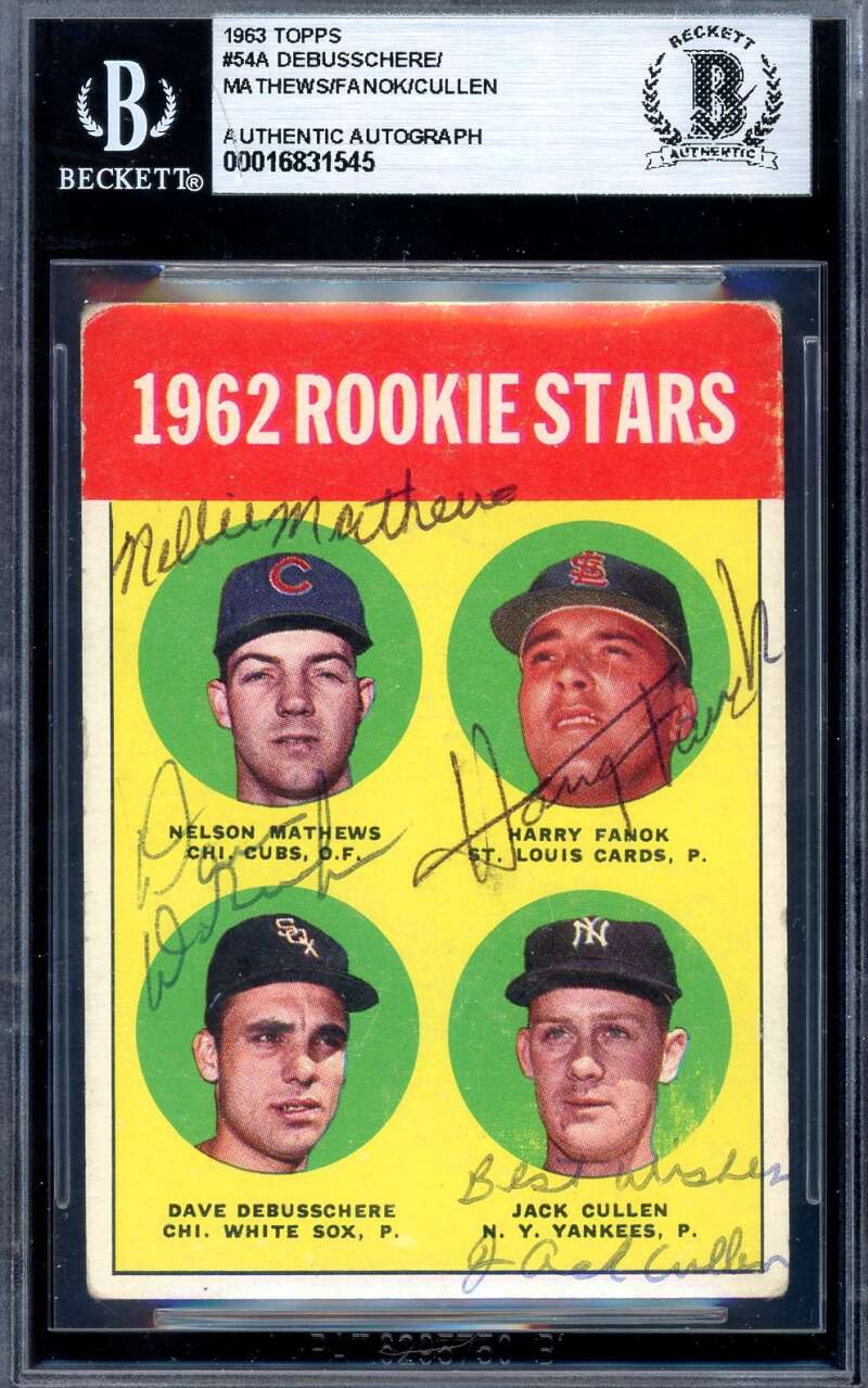 Mathews Fanok Debusschere Cullen Beckett BAS Signed By 4 1963 Topps Rookie Autograph